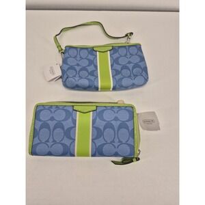 Vintage Coach Wristlet And Wallet Lot Blue-green With The Signature Stripe.
